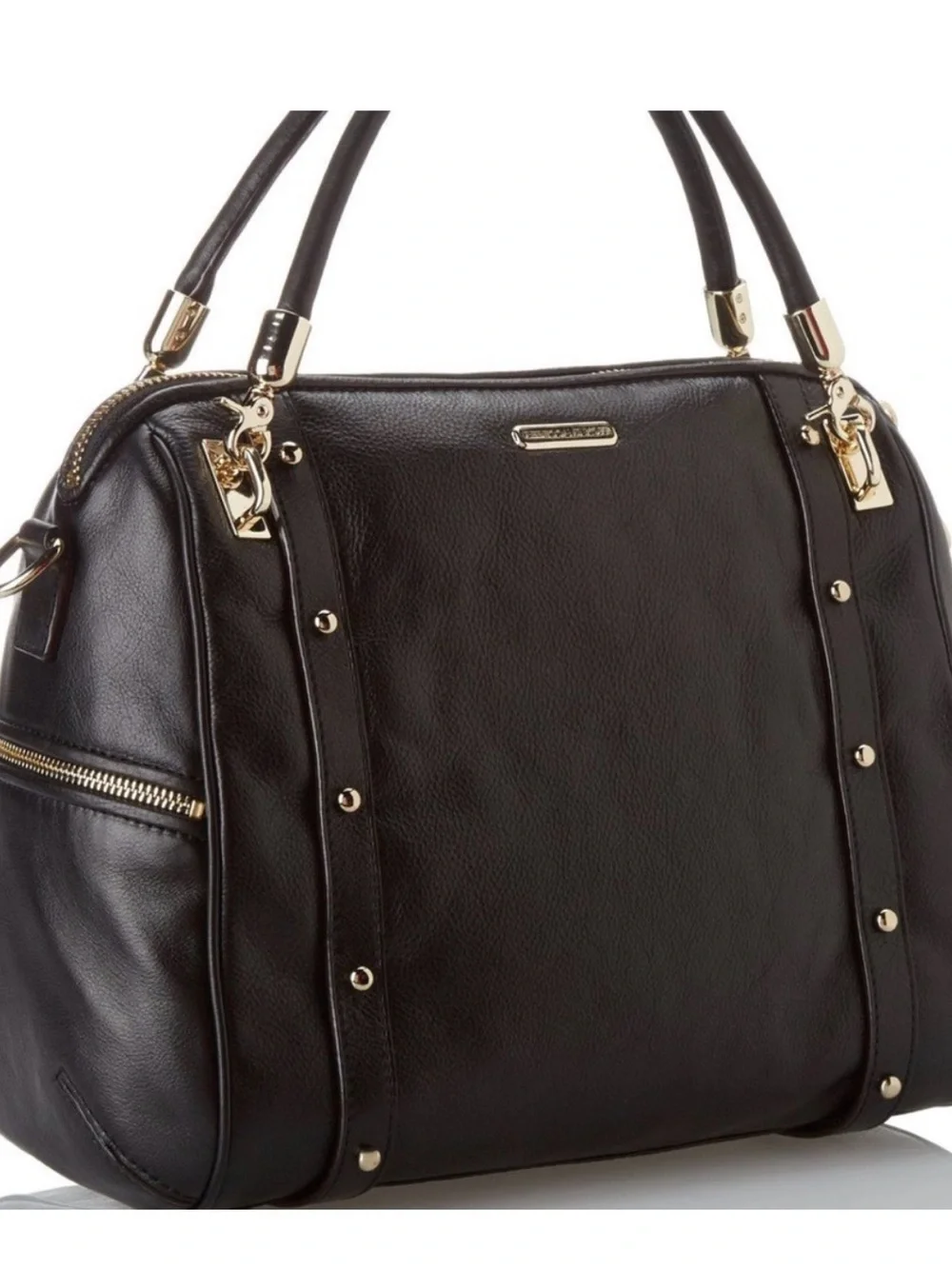 Rebecca Minkoff Cupid Satchel Black Leather Satchel Handbag with Gold Studs